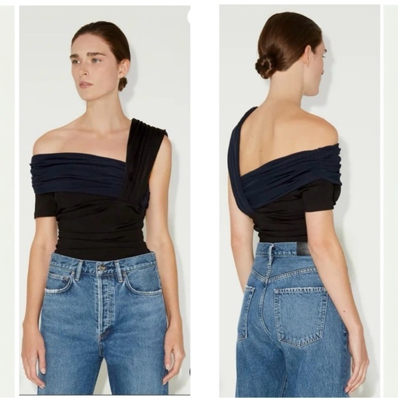 Goldsign Gelsey One-Shoulder Off the Shoulder 2-tone Ribbed Bodysuit Small NEW - Picture 2 of 16